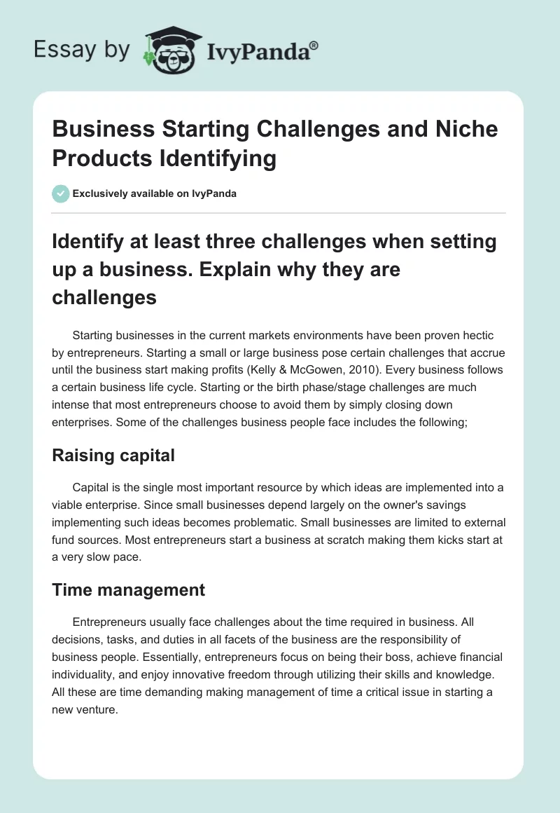 Business Starting Challenges and Niche Products Identifying. Page 1