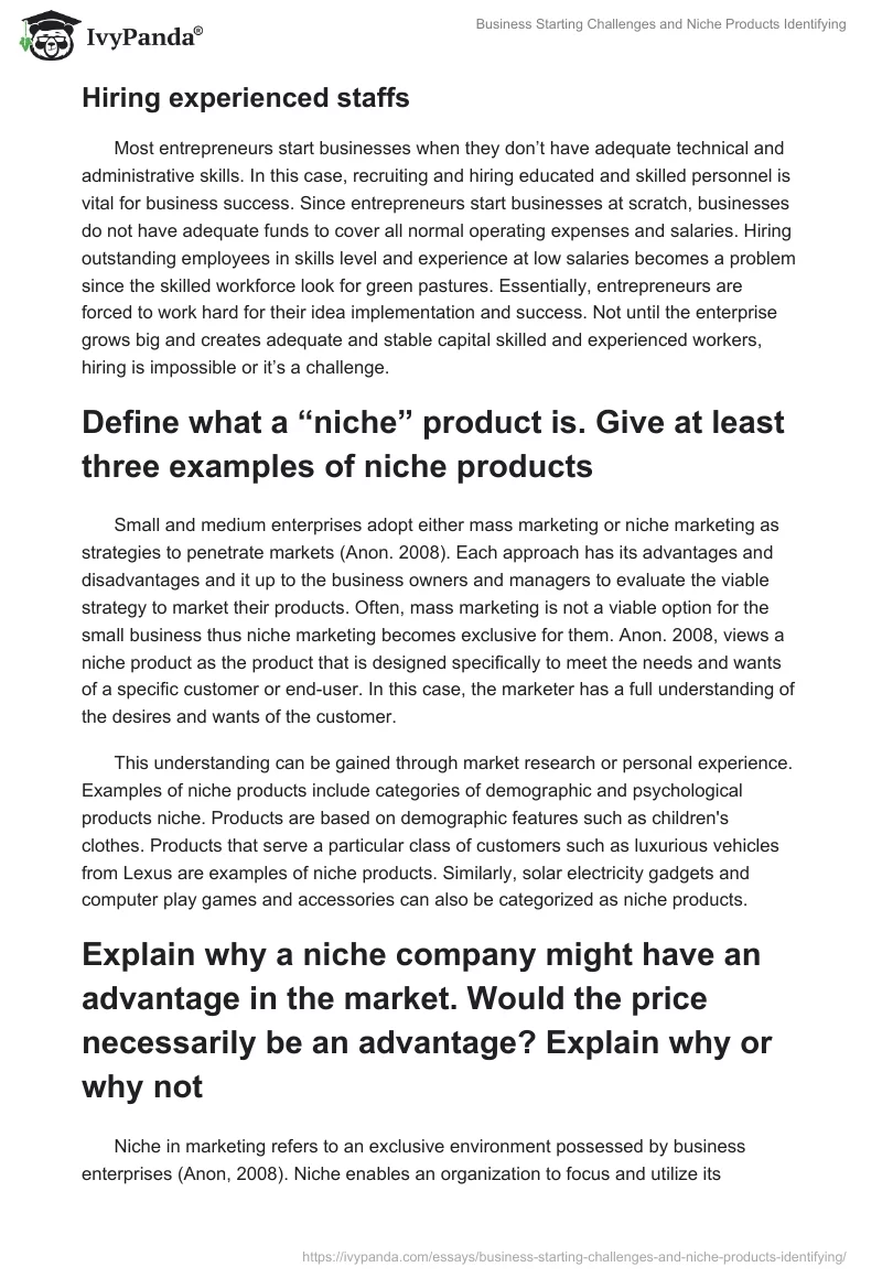 Business Starting Challenges and Niche Products Identifying. Page 2