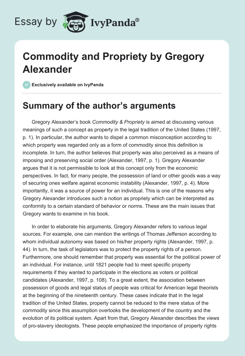 "Commodity and Propriety" by Gregory Alexander. Page 1