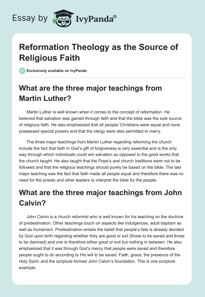 Reformation Theology as the Source of Religious Faith. Page 1