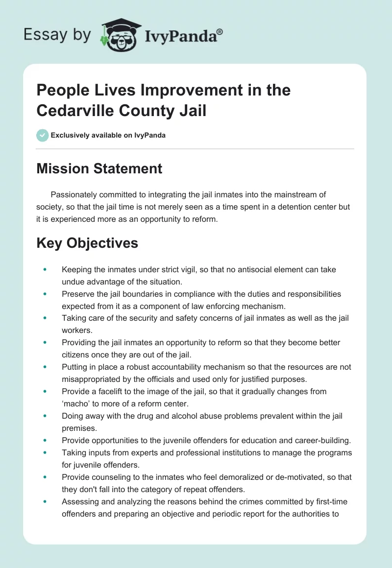 People Lives Improvement in the Cedarville County Jail. Page 1