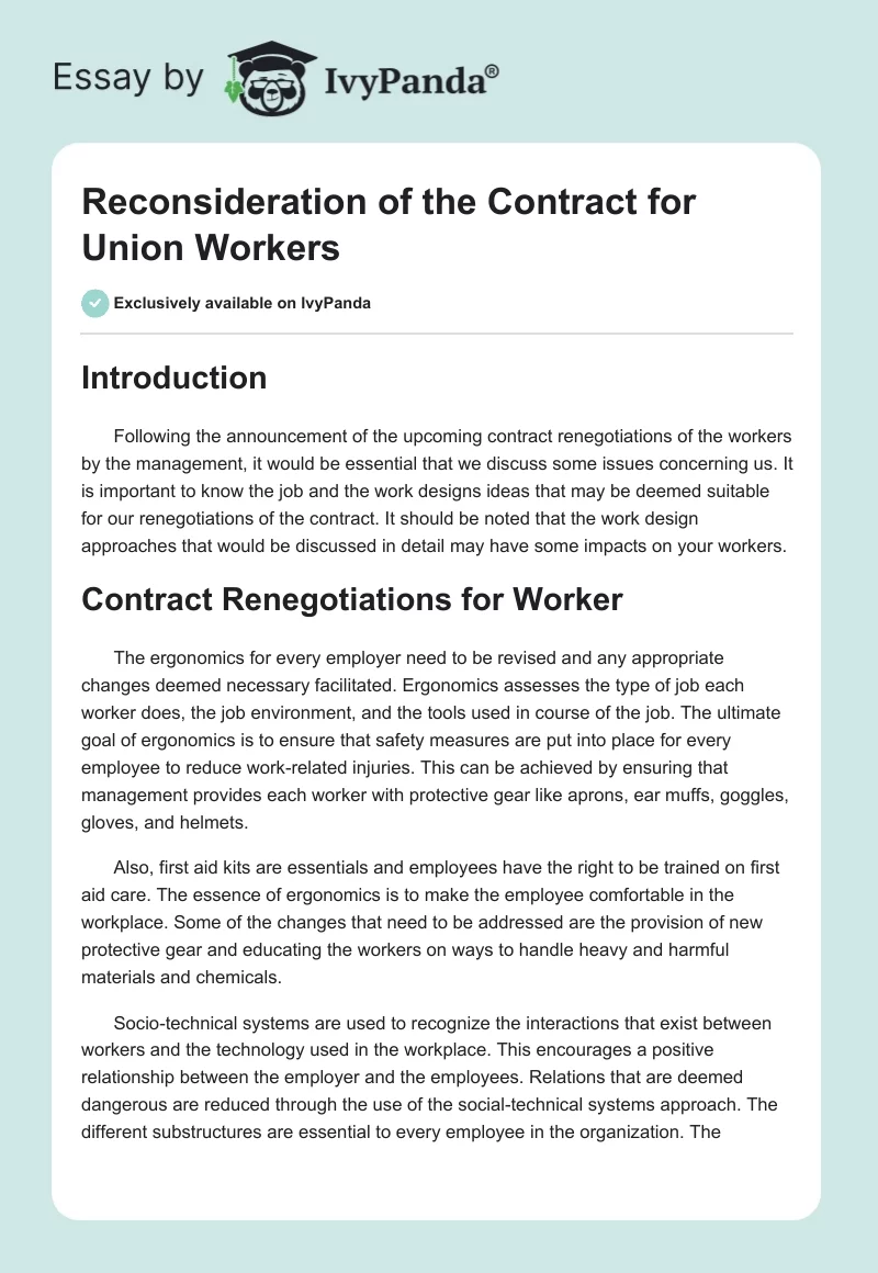 Reconsideration of the Contract for Union Workers. Page 1