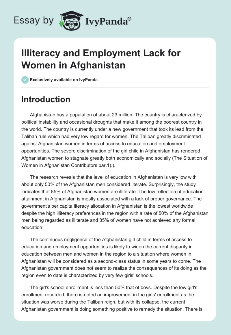 Illiteracy and Employment Lack for Women in Afghanistan. Page 1