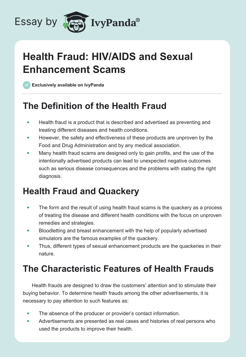 Health Fraud: HIV/AIDS and Sexual Enhancement Scams. Page 1