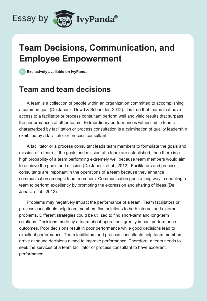 Team Decisions, Communication, and Employee Empowerment. Page 1