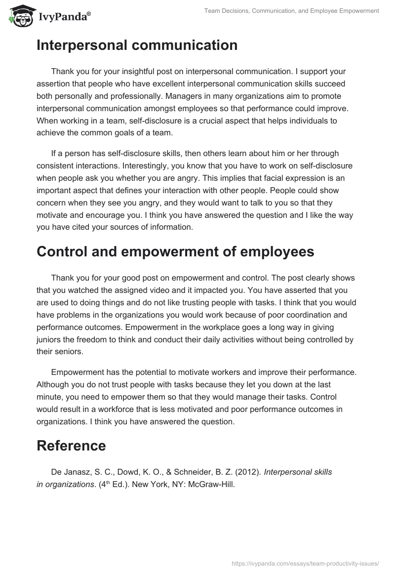 Team Decisions, Communication, and Employee Empowerment. Page 2