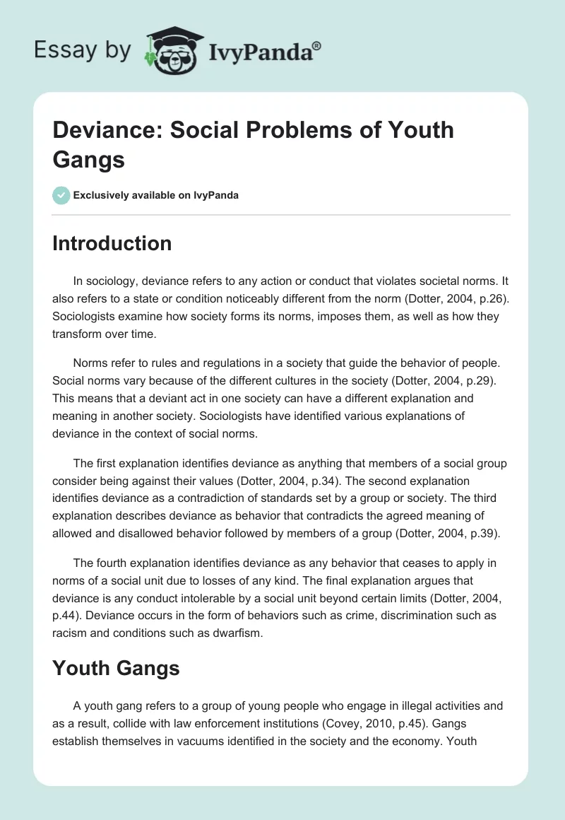 Deviance: Social Problems of Youth Gangs. Page 1