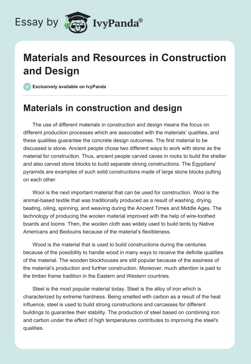 Materials and Resources in Construction and Design. Page 1