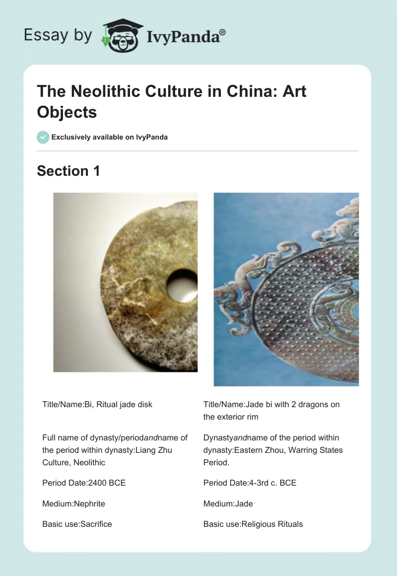The Neolithic Culture in China: Art Objects. Page 1