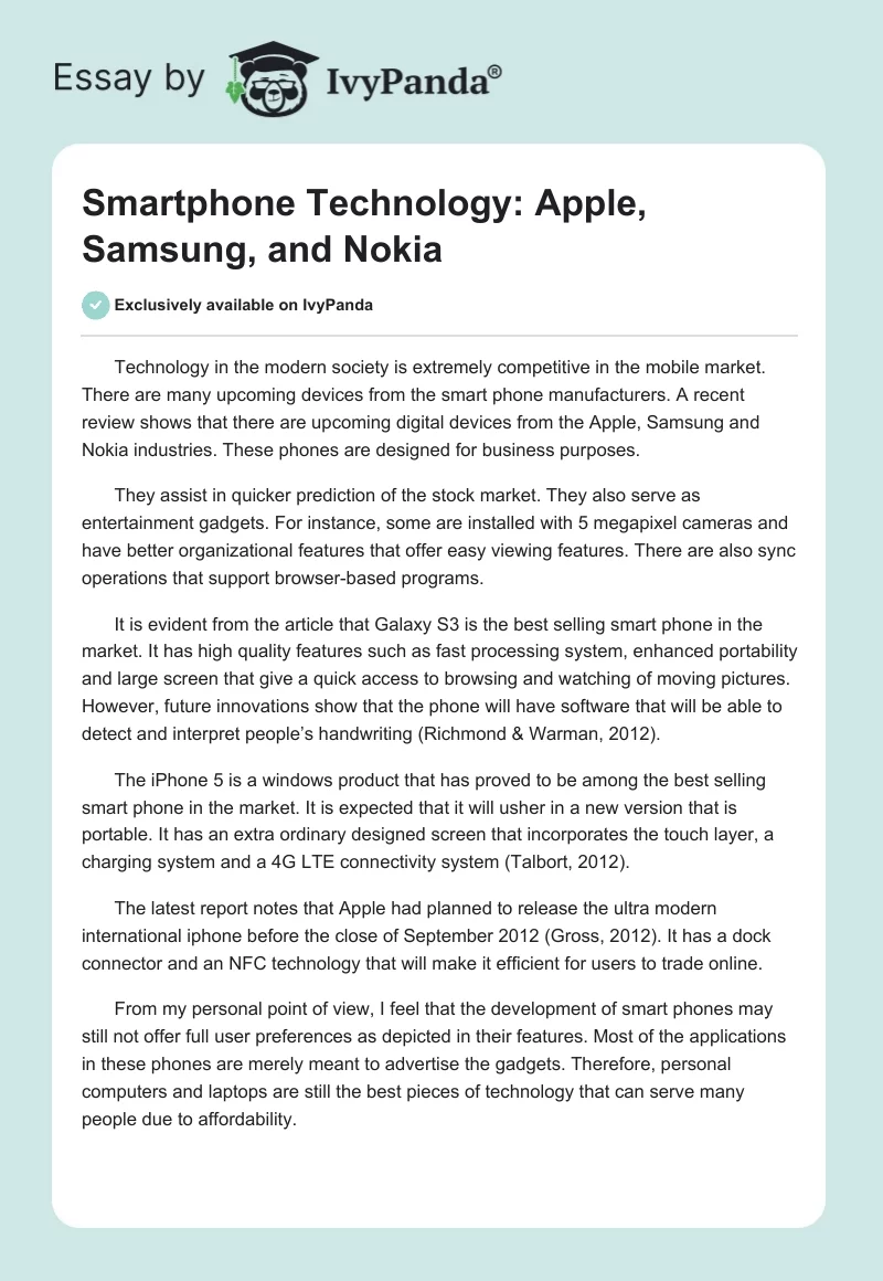 Smartphone Technology: Apple, Samsung, and Nokia. Page 1