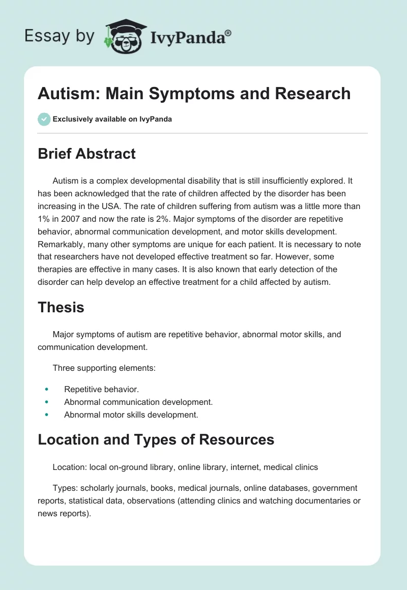 Autism: Main Symptoms and Research. Page 1