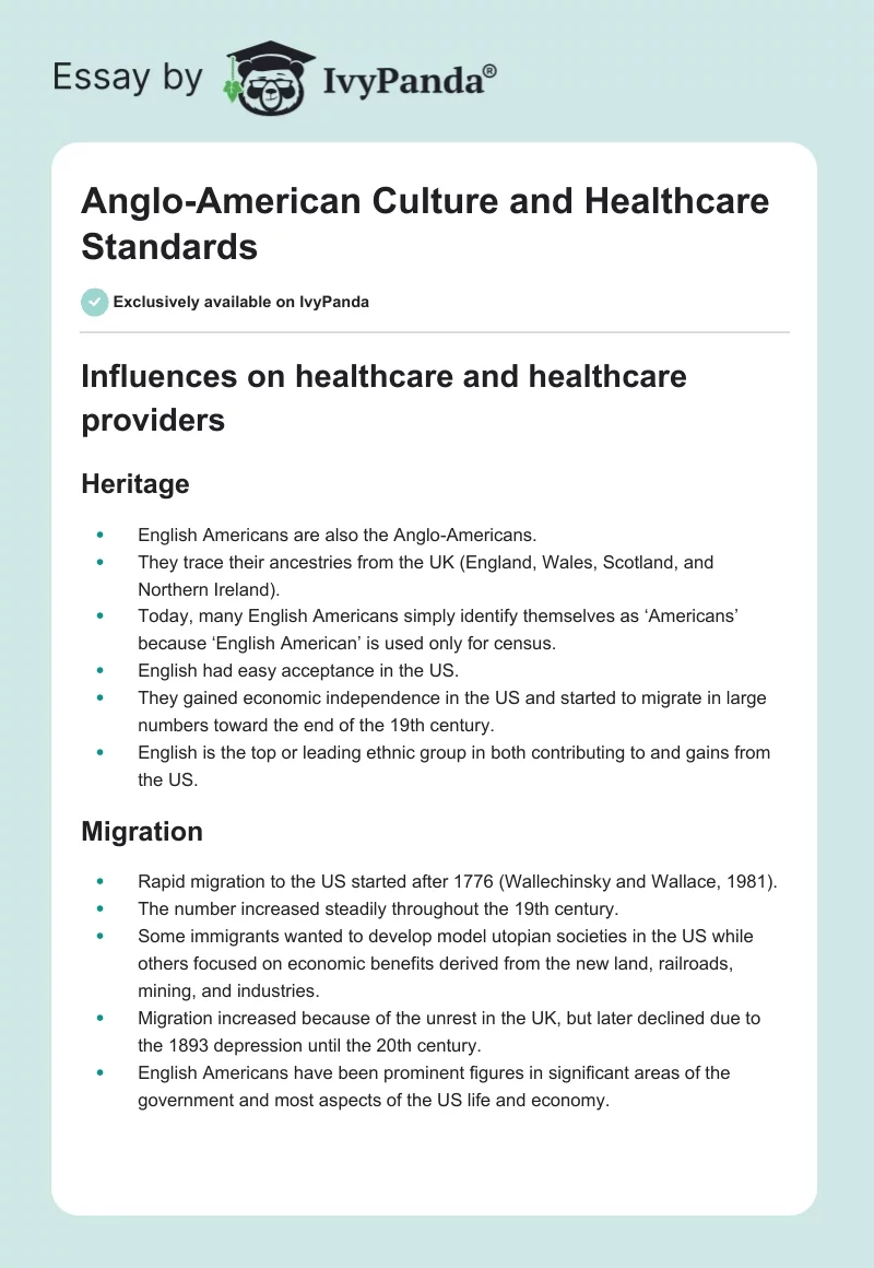 Anglo-American Culture and Healthcare Standards. Page 1