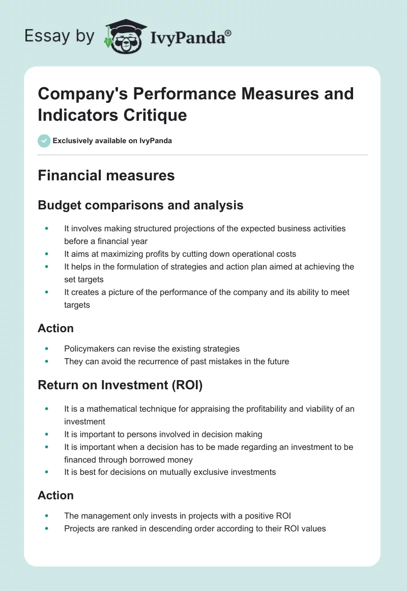 Company's Performance Measures and Indicators Critique. Page 1