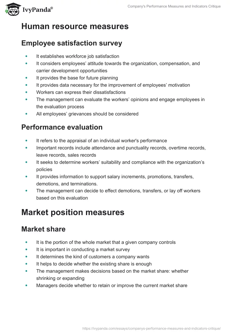 Company's Performance Measures and Indicators Critique. Page 2