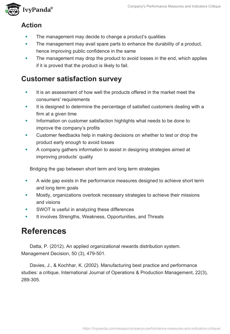 Company's Performance Measures and Indicators Critique. Page 4
