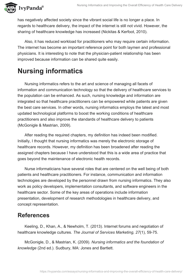 Nursing Informatics and Improving the Overall Efficiency of Health Care Delivery. Page 2