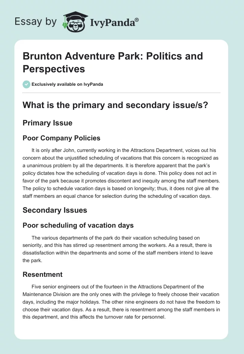 Brunton Adventure Park: Politics and Perspectives. Page 1