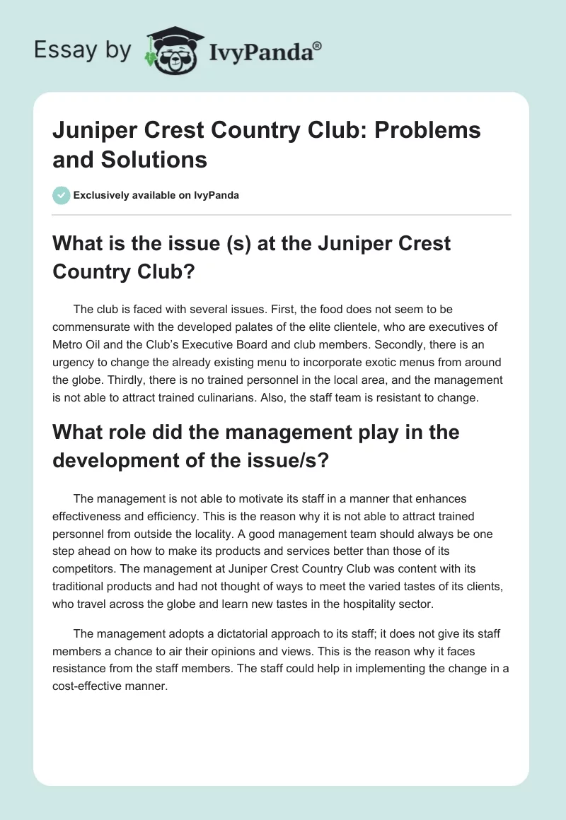 Juniper Crest Country Club: Problems and Solutions. Page 1
