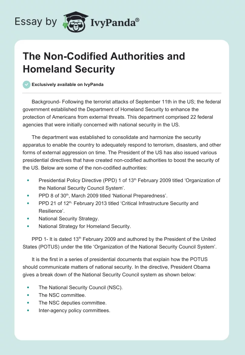 The Non-Codified Authorities and Homeland Security. Page 1
