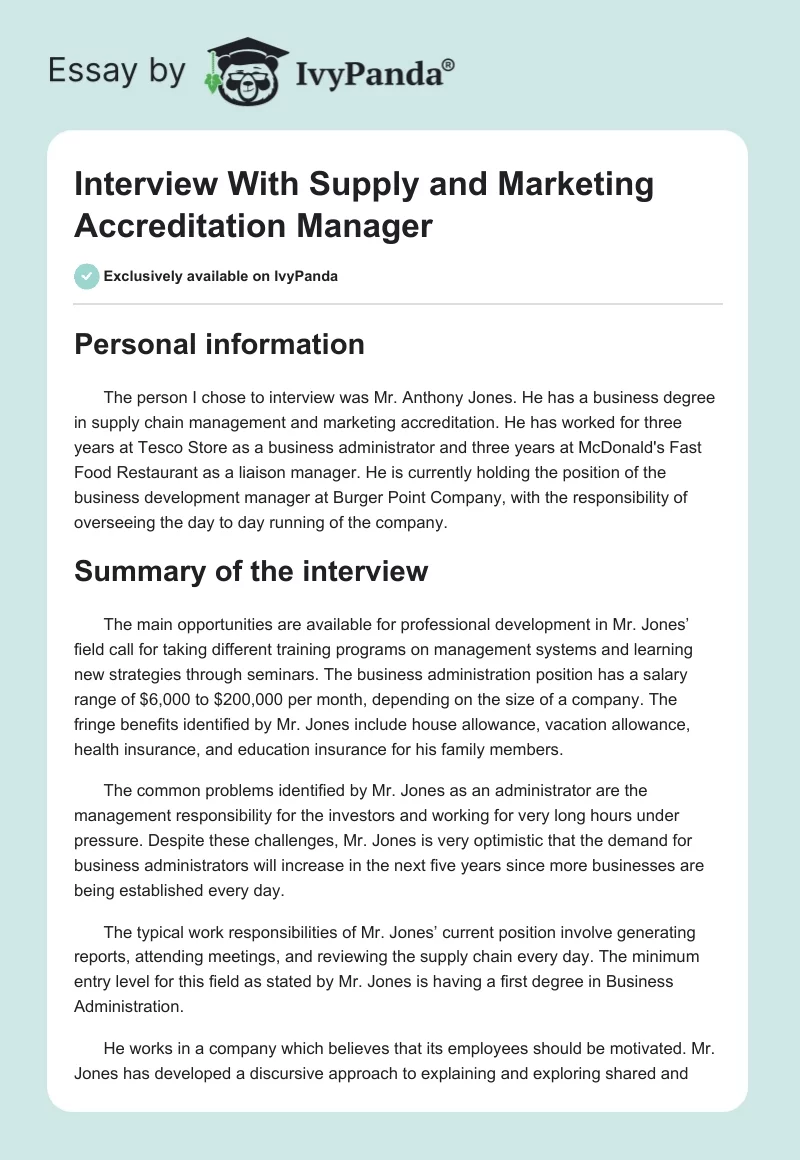 Interview With Supply and Marketing Accreditation Manager. Page 1