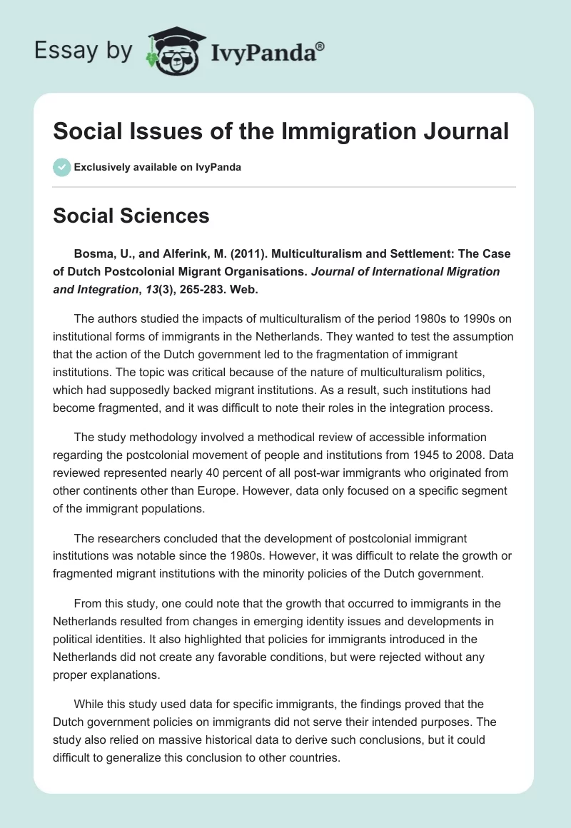 Social Issues of the Immigration Journal. Page 1