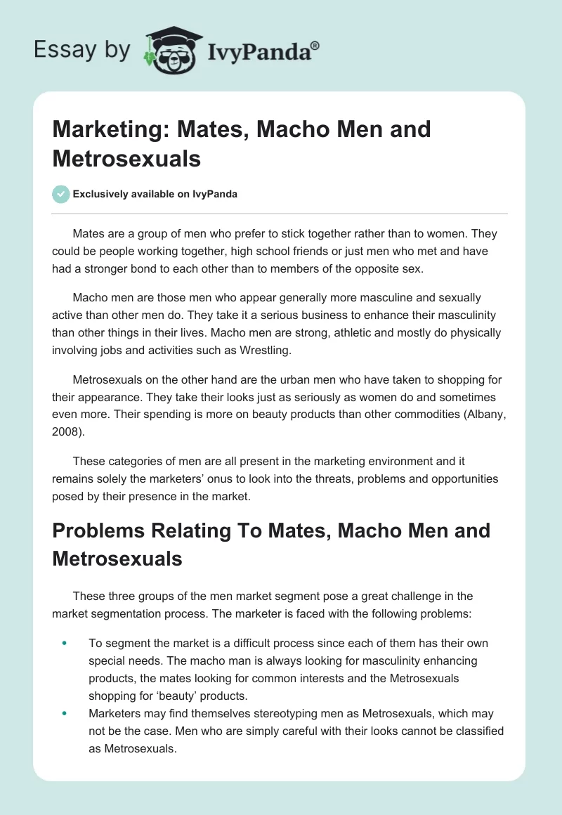Marketing: Mates, Macho Men and Metrosexuals. Page 1