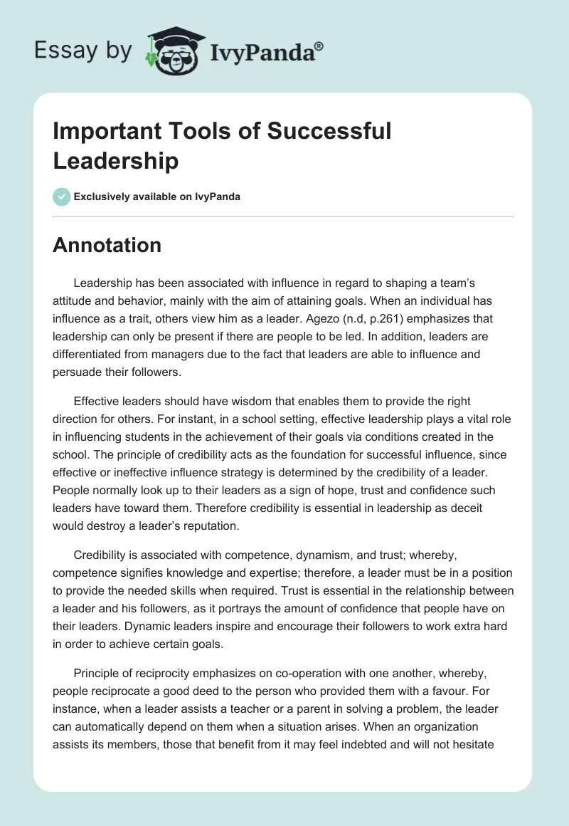 Important Tools of Successful Leadership. Page 1