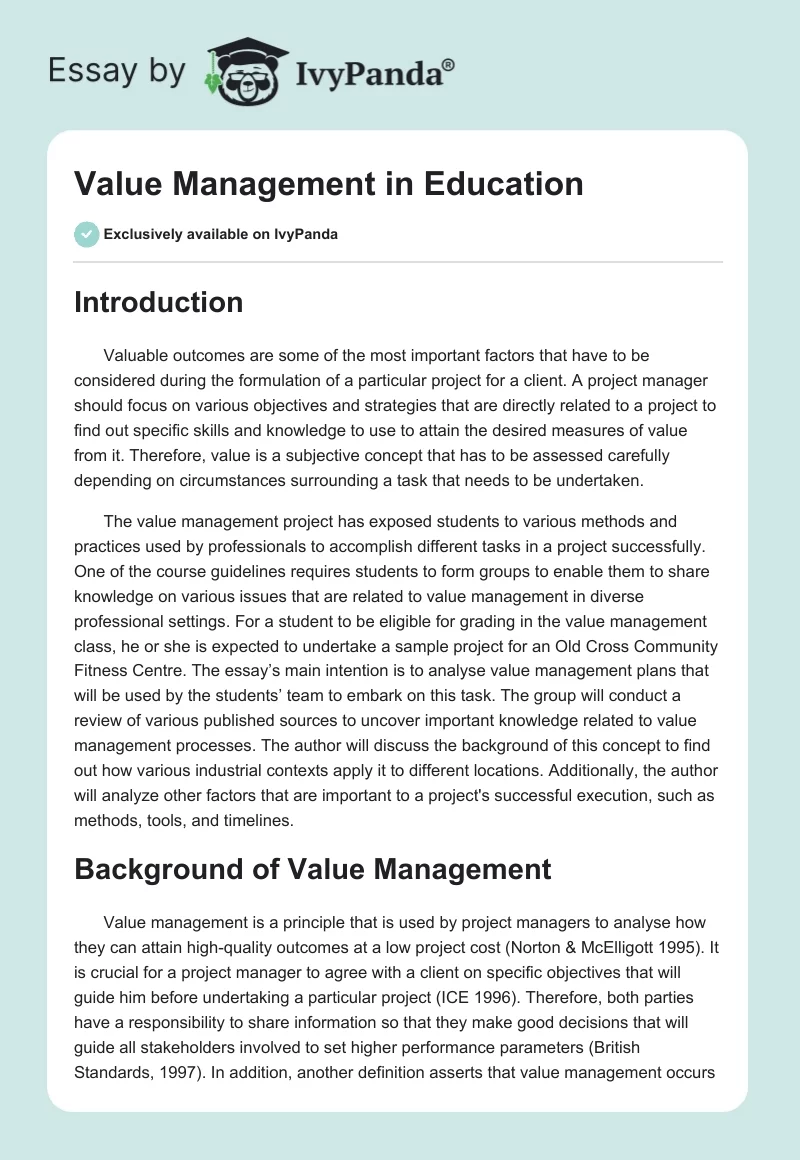 Value Management in Education. Page 1