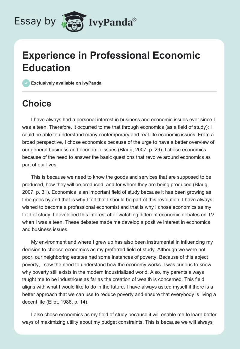 Experience in Professional Economic Education. Page 1