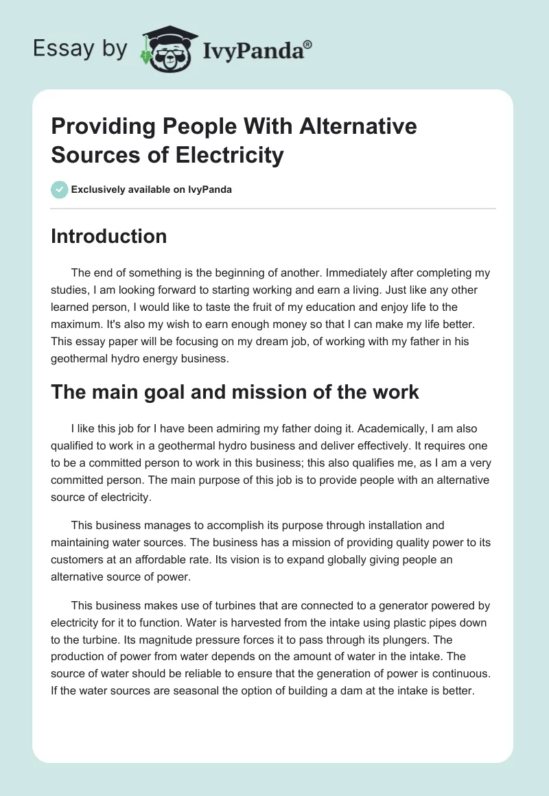 Providing People With Alternative Sources of Electricity. Page 1