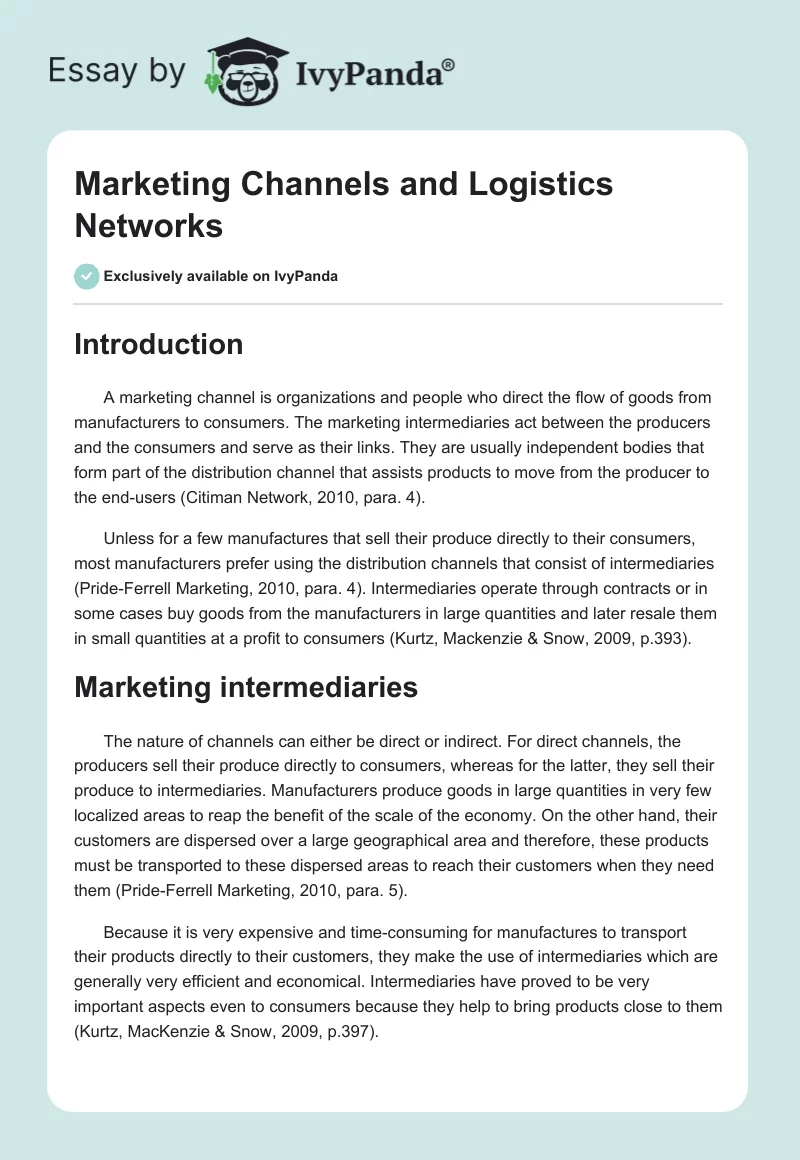 Marketing Channels and Logistics Networks. Page 1