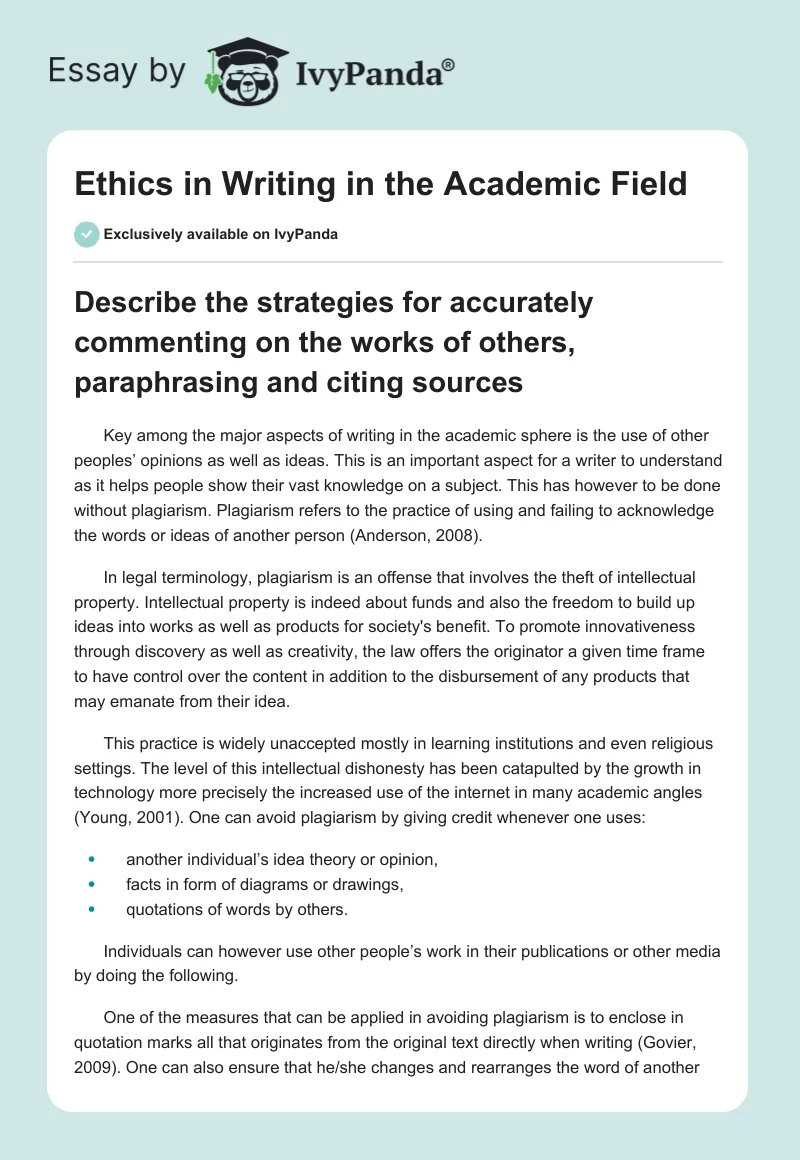 Ethics in Writing in the Academic Field. Page 1