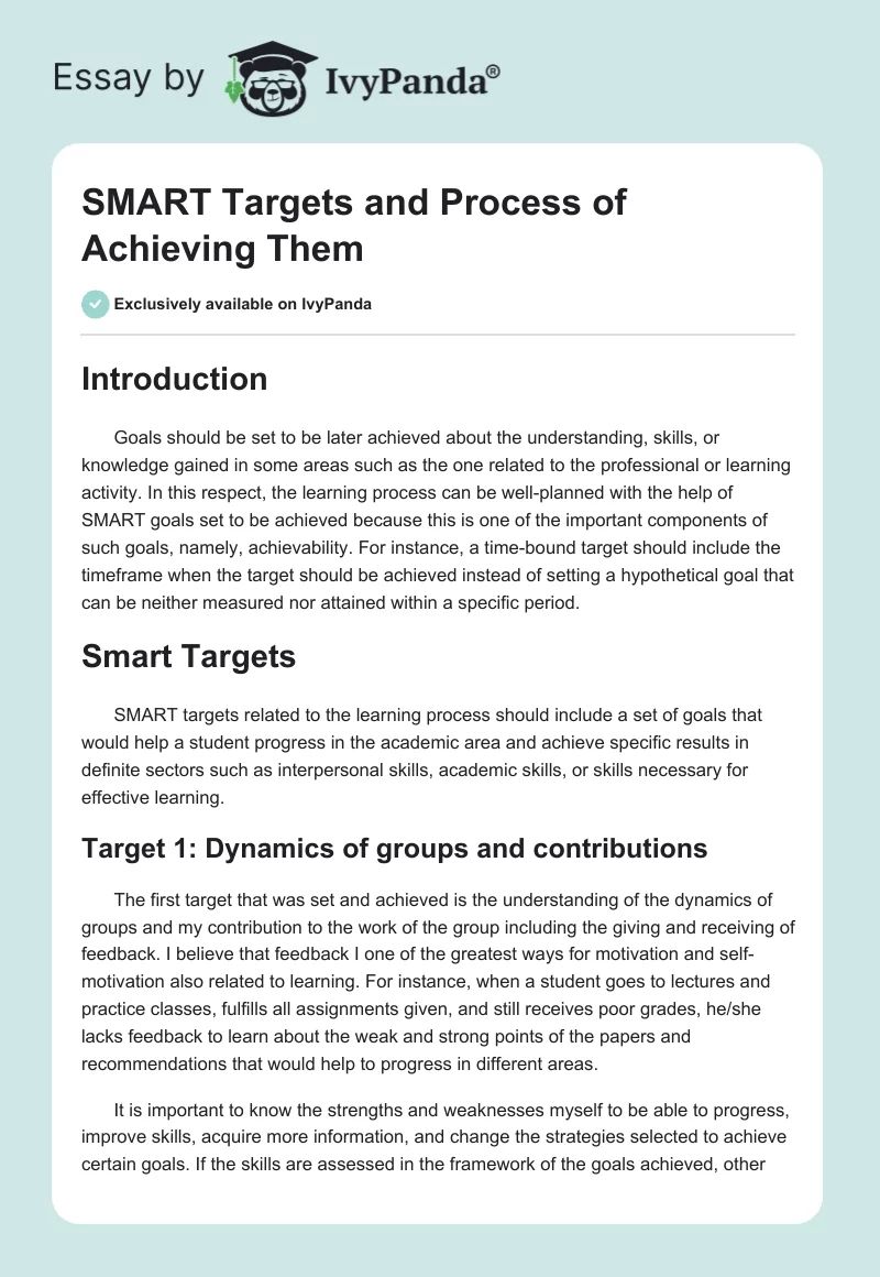 SMART Targets and Process of Achieving Them. Page 1