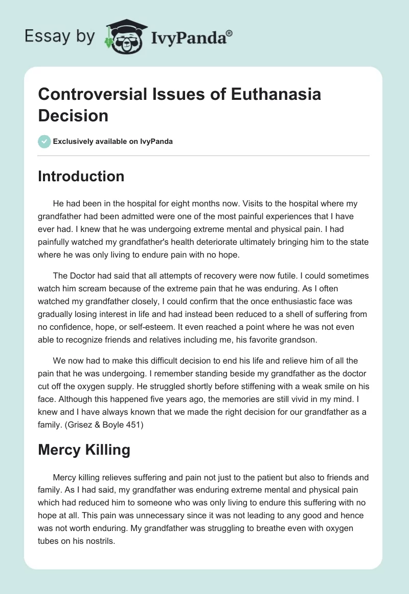 Controversial Issues of Euthanasia Decision. Page 1