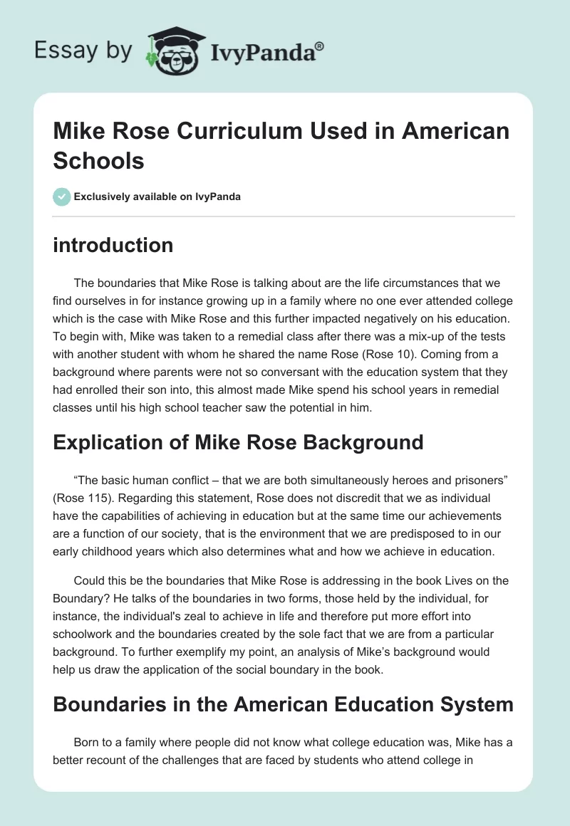 Mike Rose Curriculum Used in American Schools. Page 1
