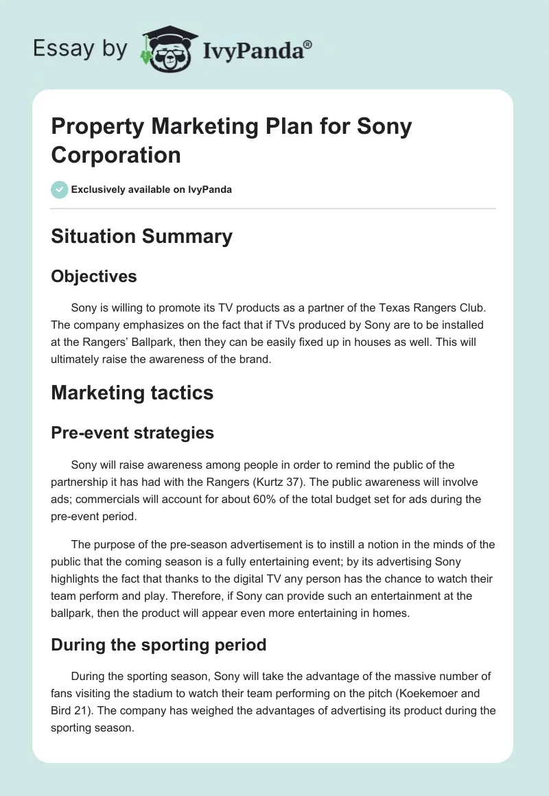 Property Marketing Plan for Sony Corporation. Page 1