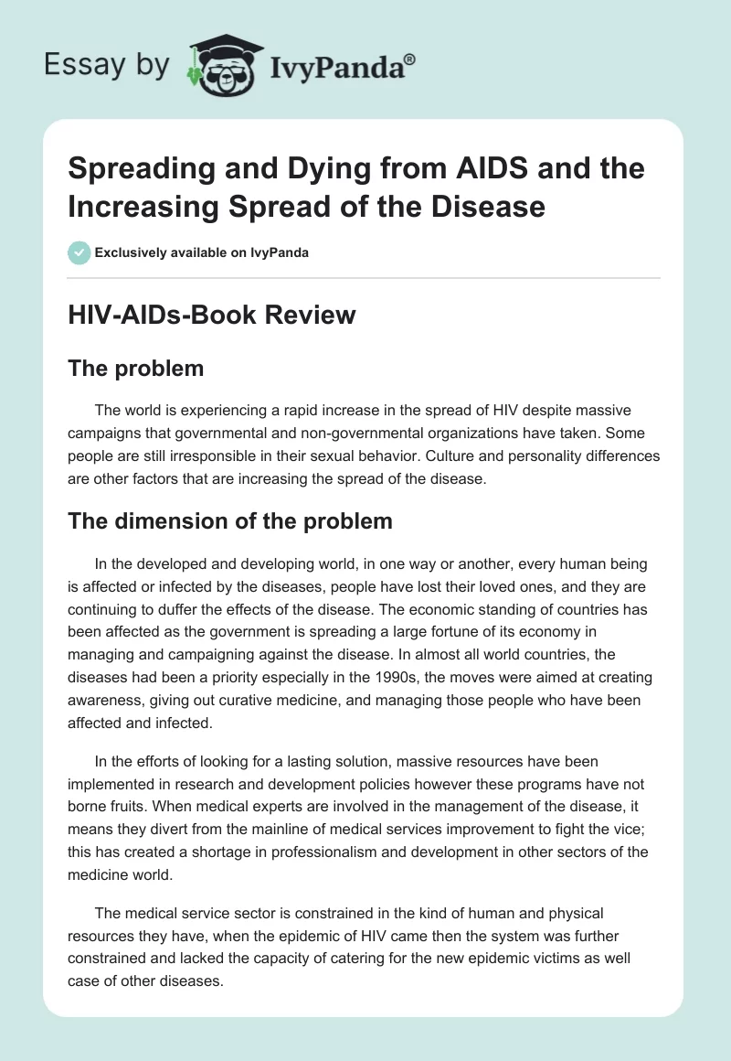 Spreading and Dying From AIDS and the Increasing Spread of the Disease. Page 1