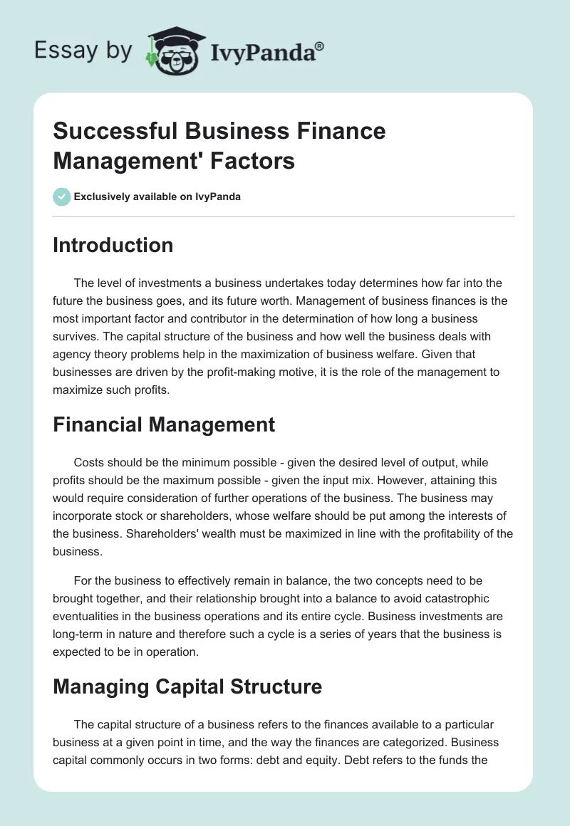 Successful Business Finance Management' Factors. Page 1