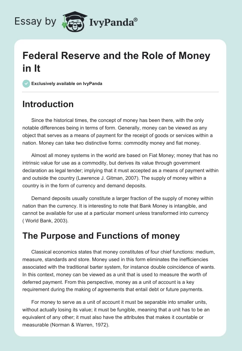 Federal Reserve and the Role of Money in It. Page 1