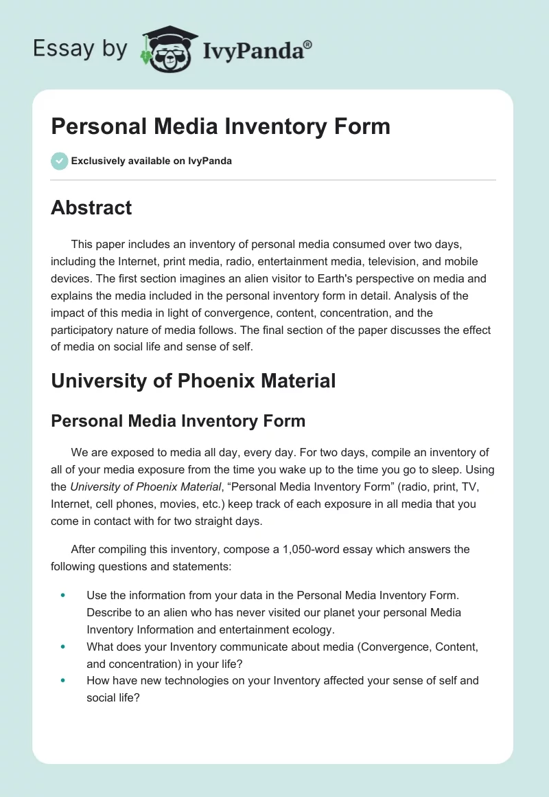 Personal Media Inventory Form. Page 1