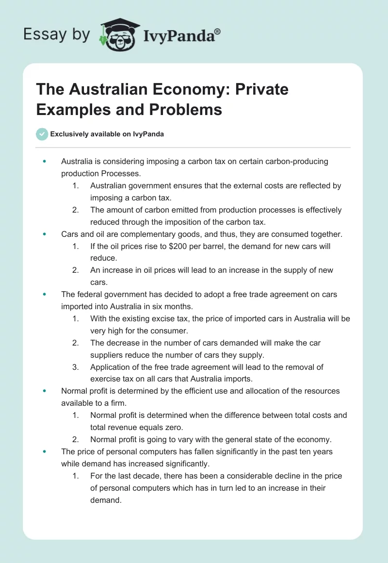 The Australian Economy: Private Examples and Problems. Page 1
