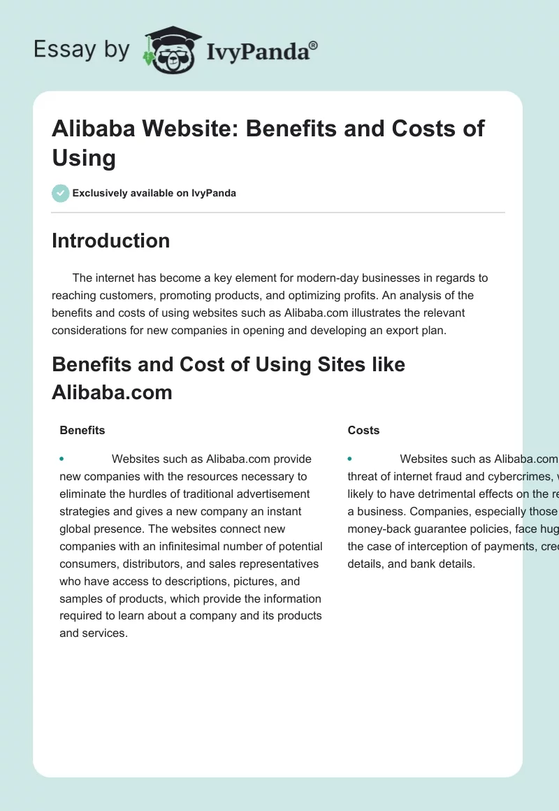 Alibaba Website: Benefits and Costs of Using. Page 1