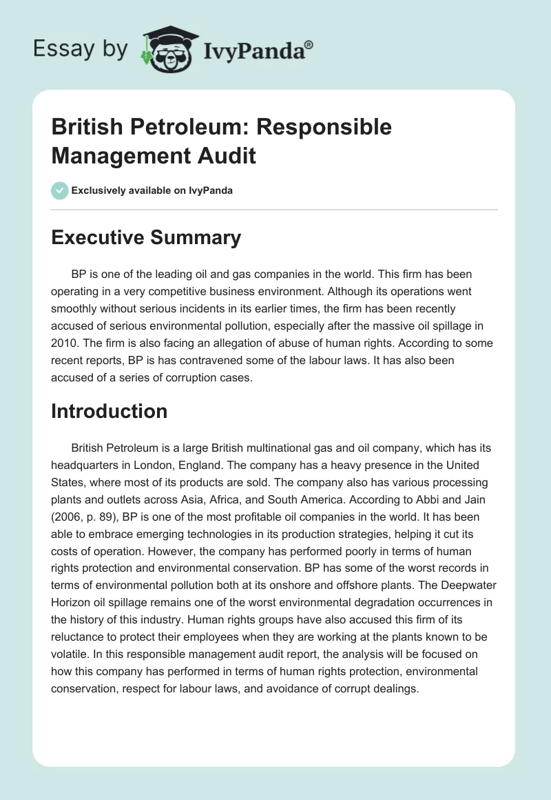 British Petroleum: Responsible Management Audit. Page 1