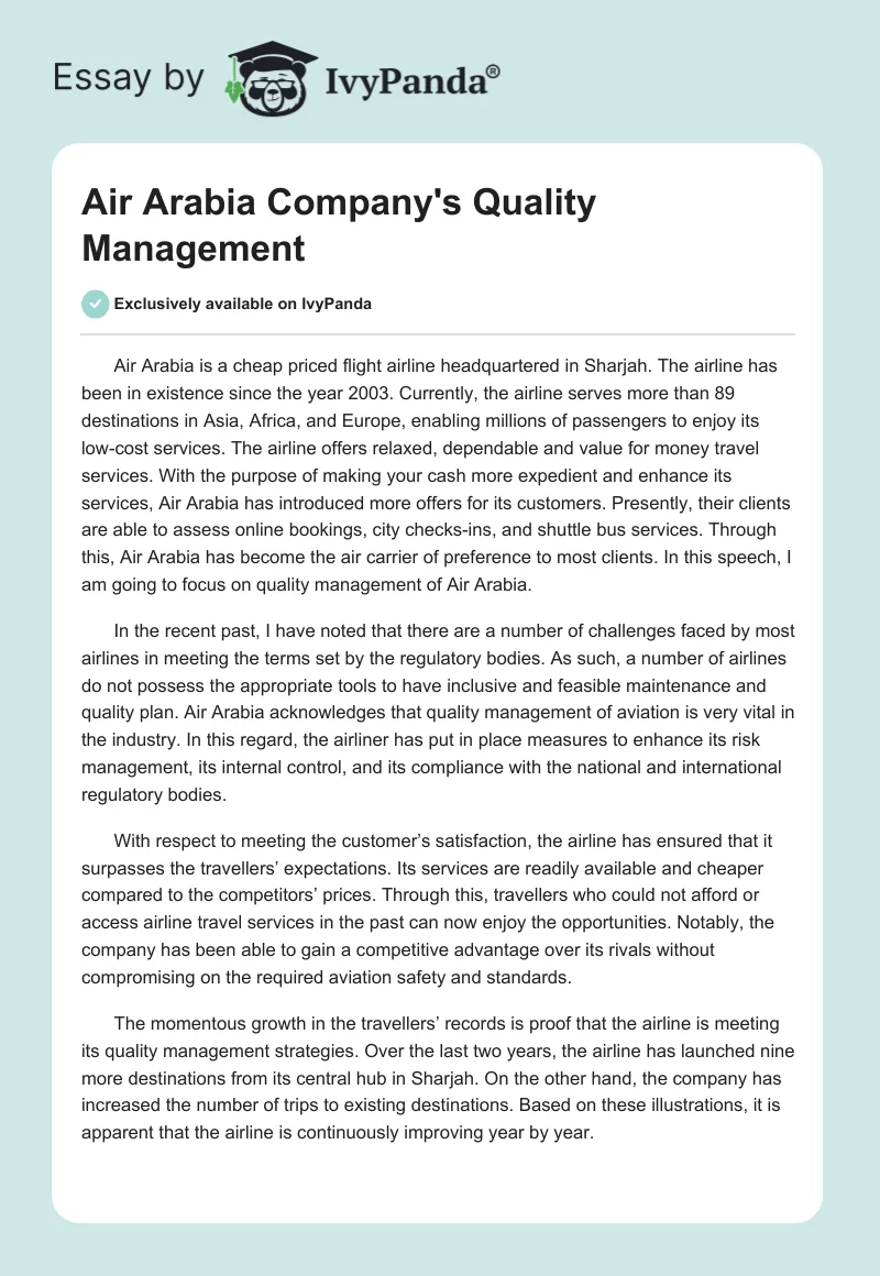 Air Arabia Company's Quality Management. Page 1