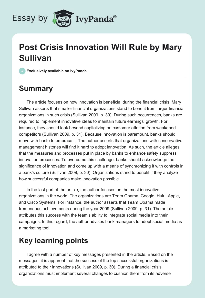 "Post Crisis Innovation Will Rule" by Mary Sullivan. Page 1