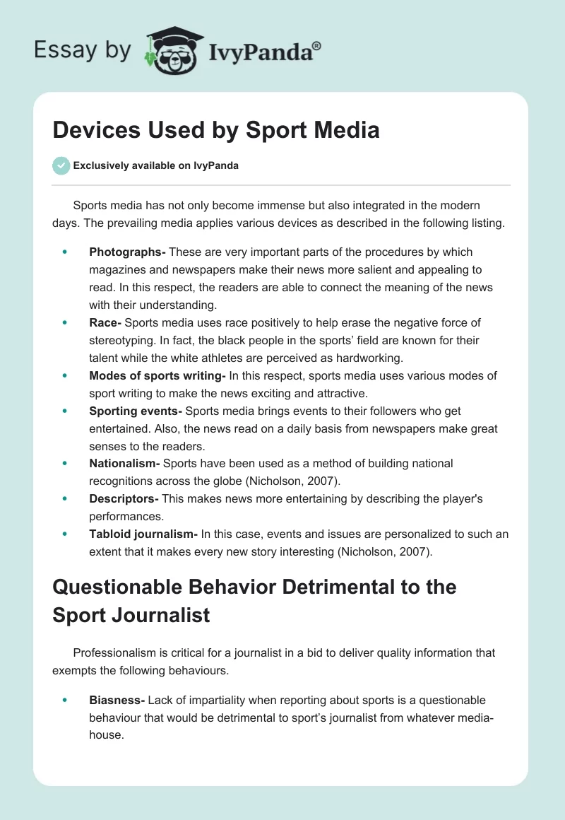 Devices Used by Sport Media. Page 1