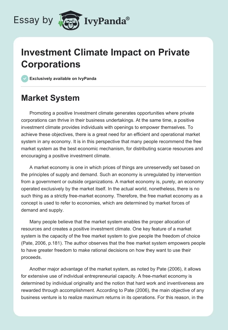 Investment Climate Impact on Private Corporations. Page 1