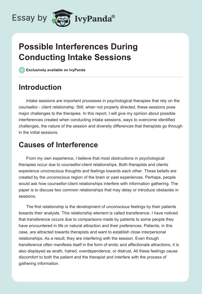 Possible Interferences During Conducting Intake Sessions. Page 1
