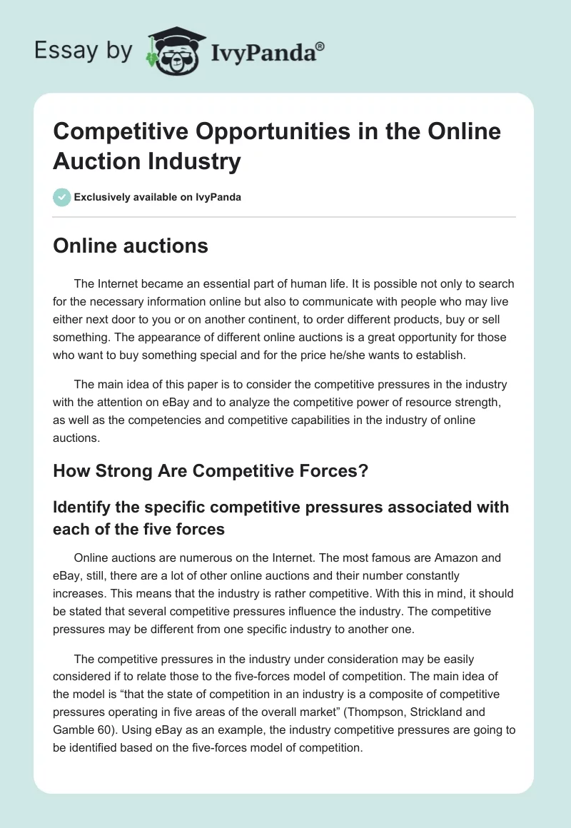 Competitive Opportunities in the Online Auction Industry. Page 1