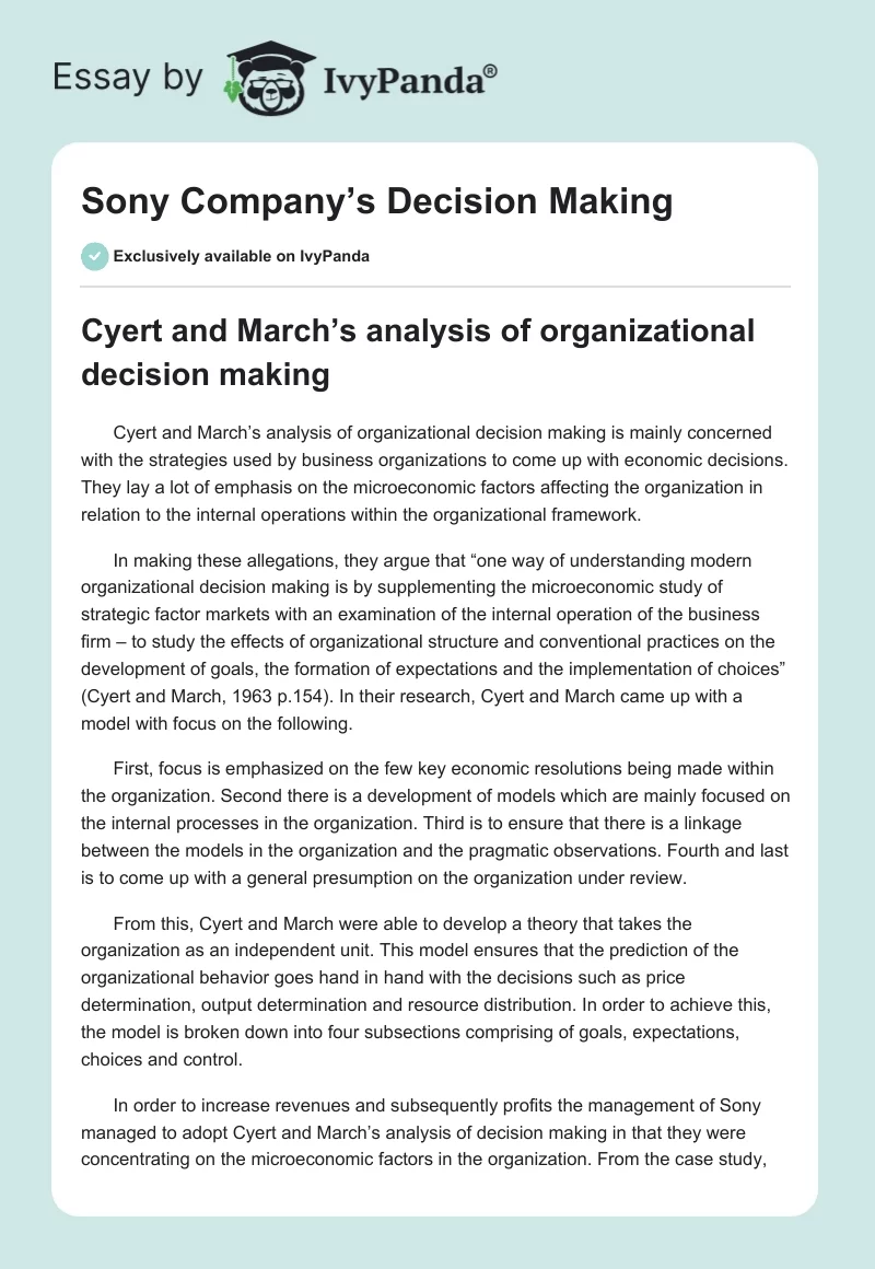 Sony Company’s Decision Making. Page 1